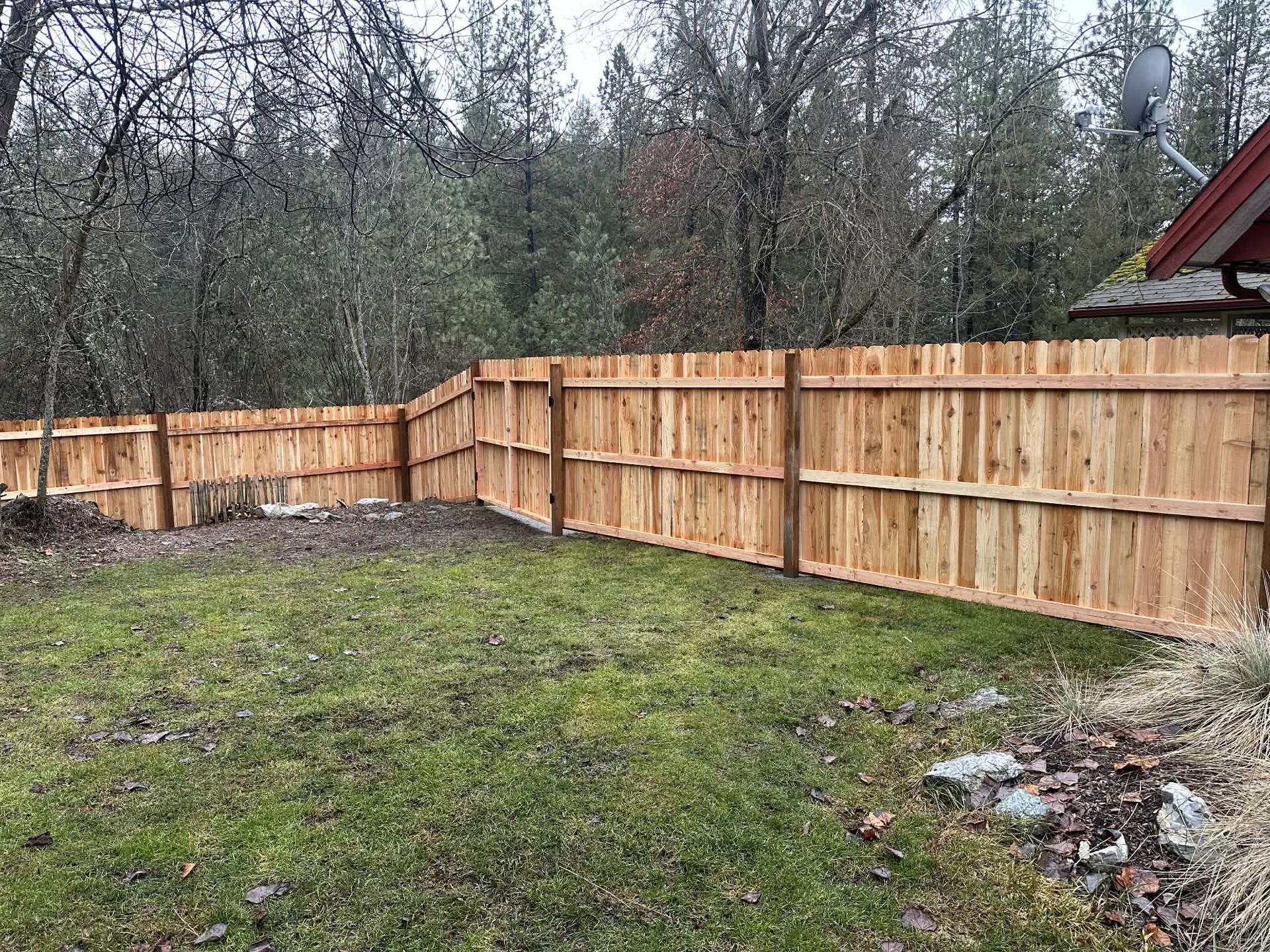 A newly built cedar dog-ear privacy fence and matching gate enclosing a residential backyard
